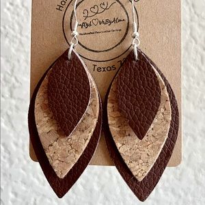 Double Dark Brown & Wood Textured leaf Dangle Faux Leather Lightweight Earrings